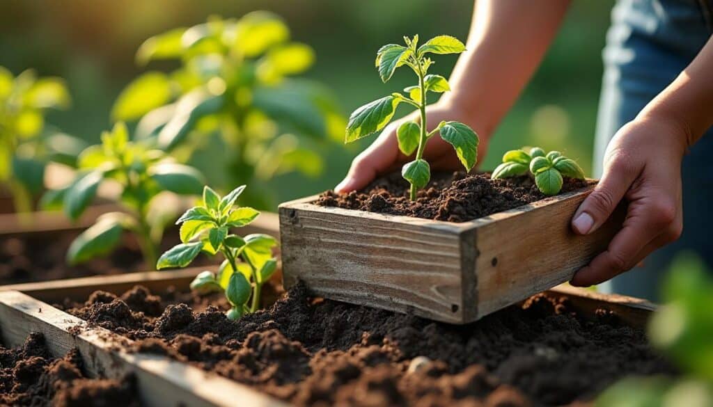 La plantation des semis de tomates avec un plantoir au potager