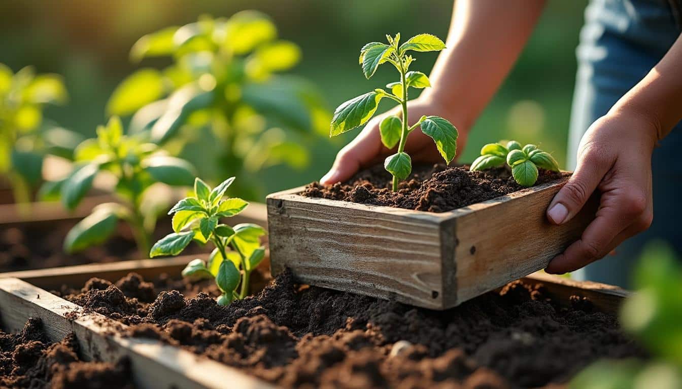 La plantation des semis de tomates avec un plantoir au potager